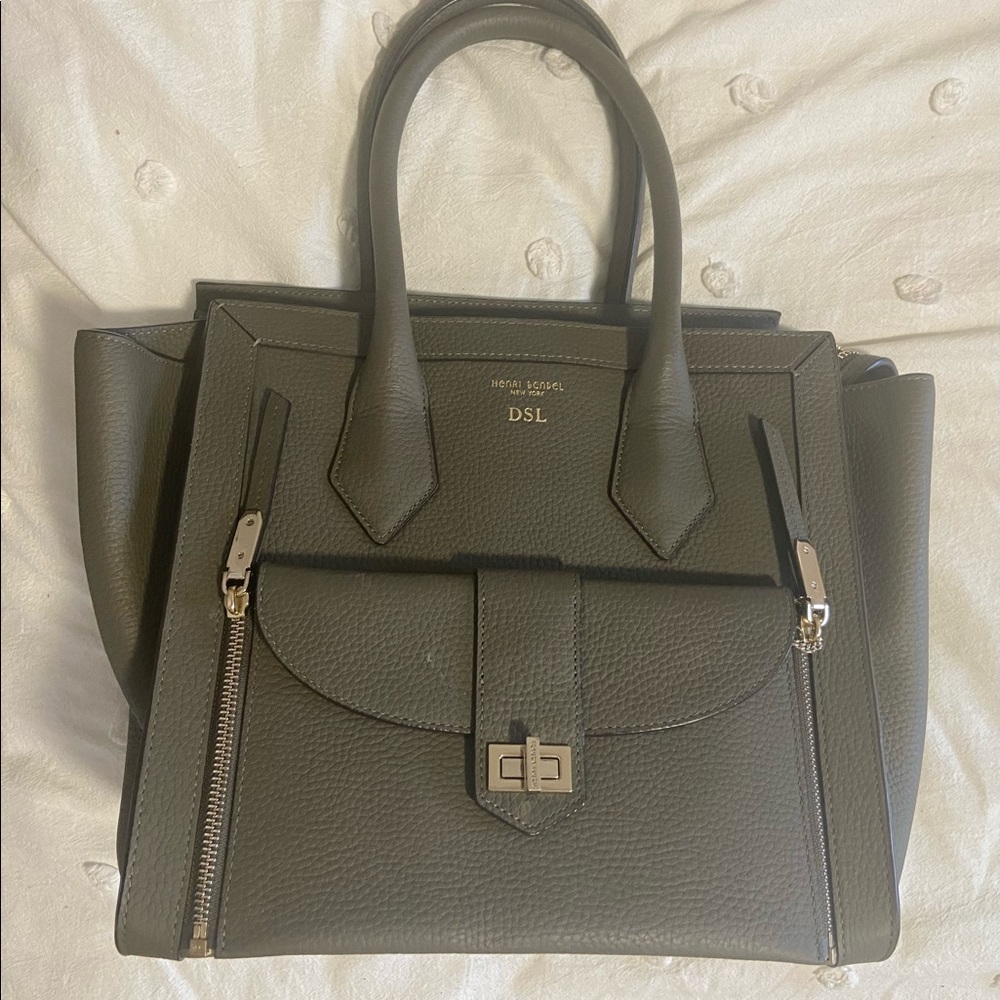 Henri Bendel Rivington Handbag in olive, 2 in 1, detachable small purse.